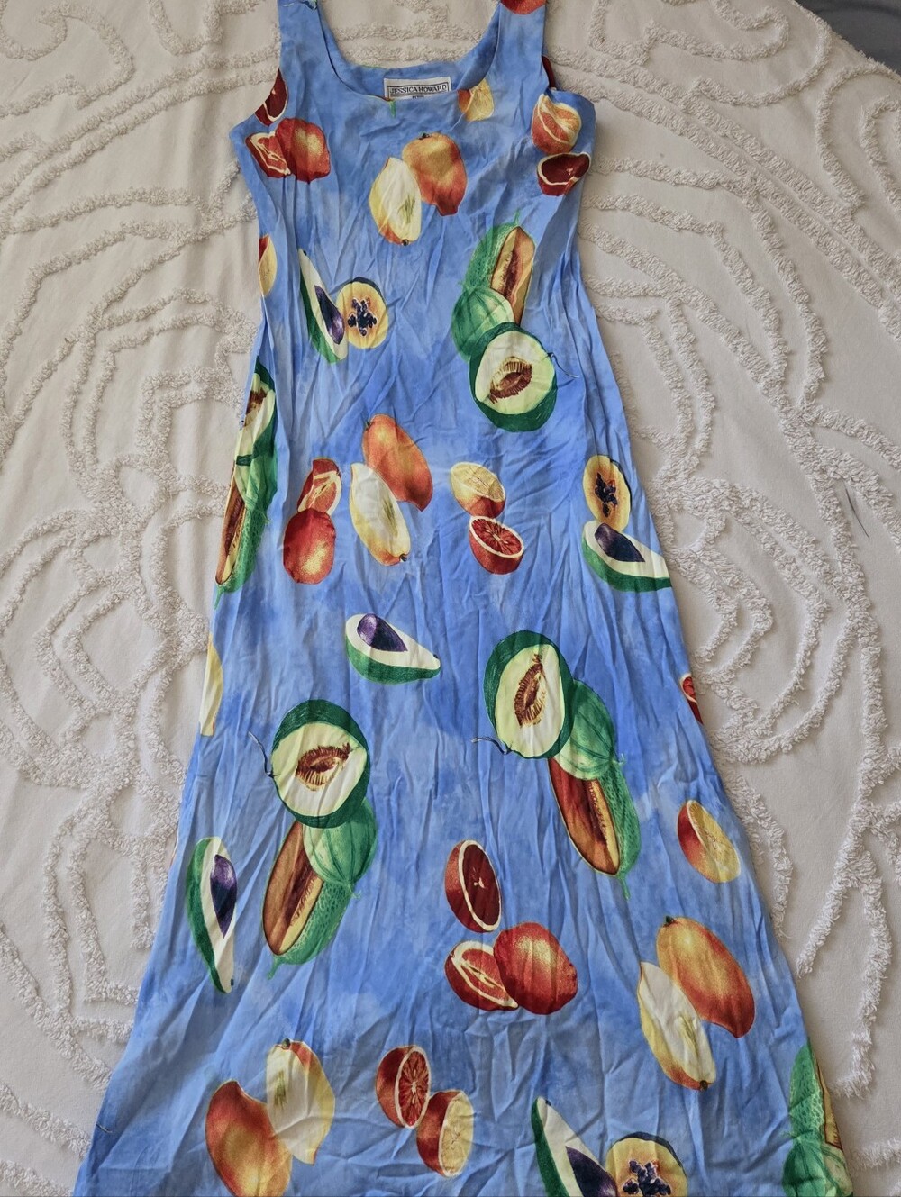 VTG 90s Jessica Howard Novelty Fruit Print Maxi Dress Avocado Papaya Sz 10 Petit
